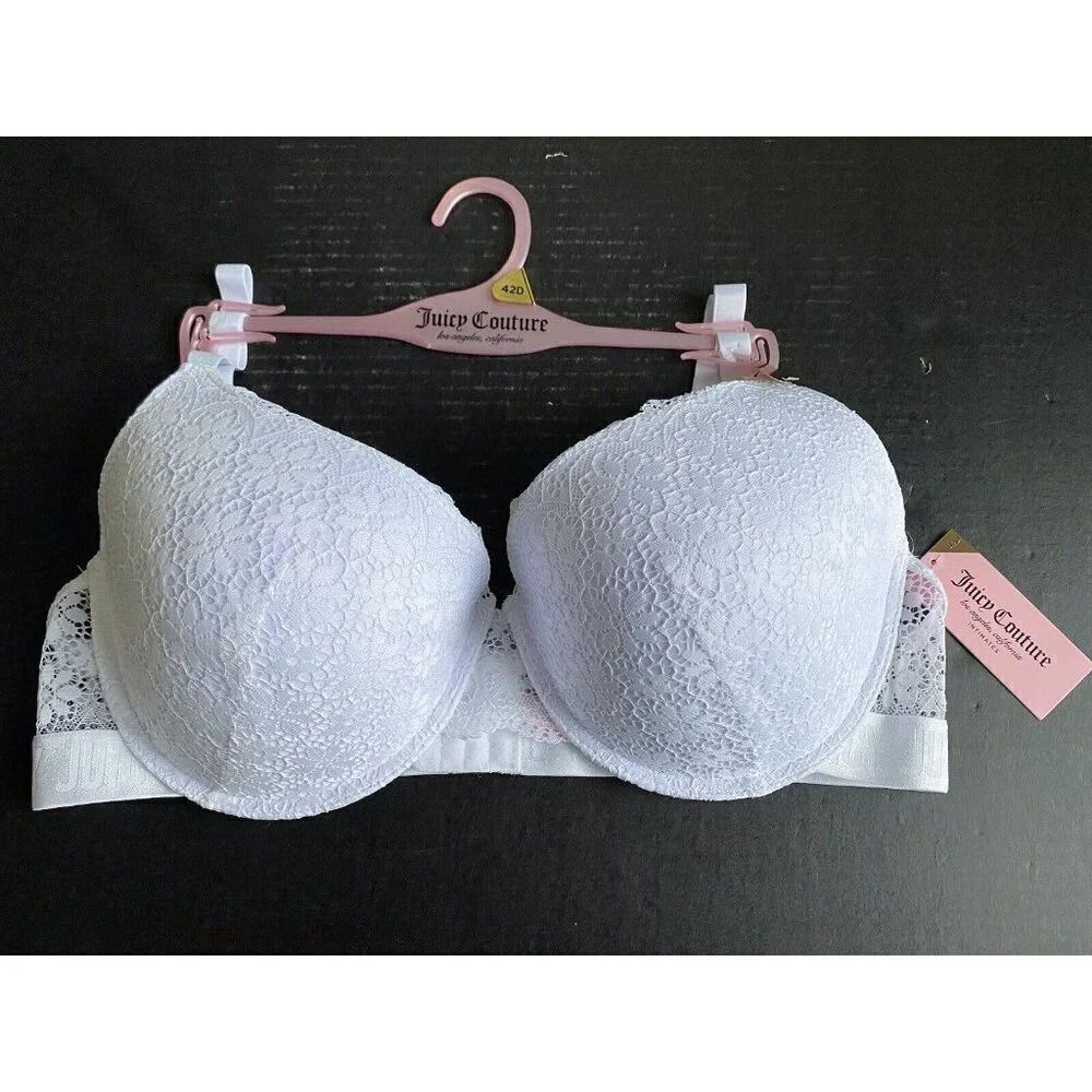 Juicy Couture Sexy Push Up Bra Sz 42D White Underwire JC6914F Lace NEW
